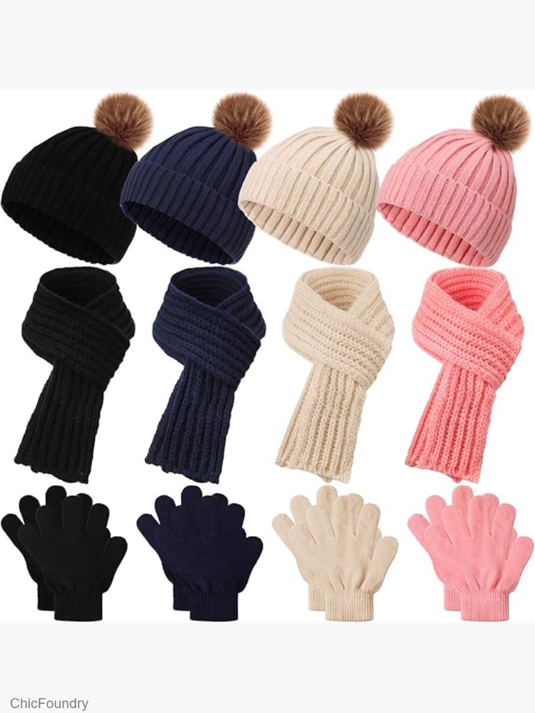 4-Piece Knit Hat Scarf Glove Set For Kids Winter Cold Weather Accessories